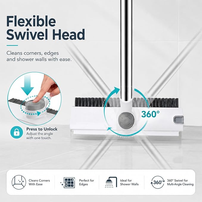 Ceruaxb Floor Scrub Brush with Long Handle, 3 in 1 Floor Scrubber, White | Stiff Bristles, Built-In Squeegee and Hidden Tweezers for Shower, Tile, Grout, Kitchen, Patio, Garage and Deck Cleaning