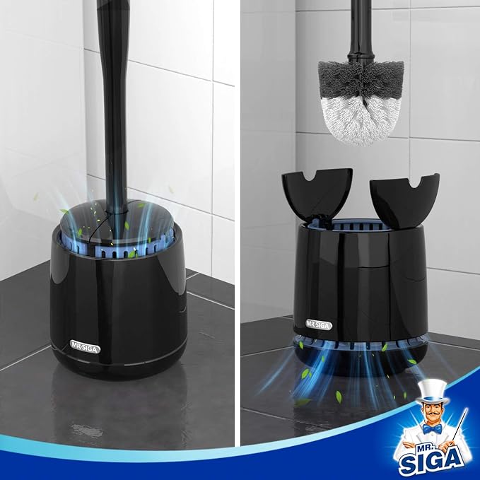 MR.SIGA Toilet Bowl Brush and Holder, Sturdy Long Handle, Black, 1 Pack | Automatic lid design, upgraded ventilation, replaceable toilet brush head dries quickly