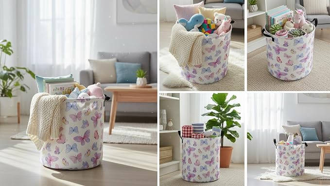 Collapsible Round Storage Basket, Soft-Sided Organizer with Waterproof Coating, Foldable Bin for Clothes,Laundry Basket, Nursery Hamper, Gift Baskets(Pink Watercolor Butterfly)