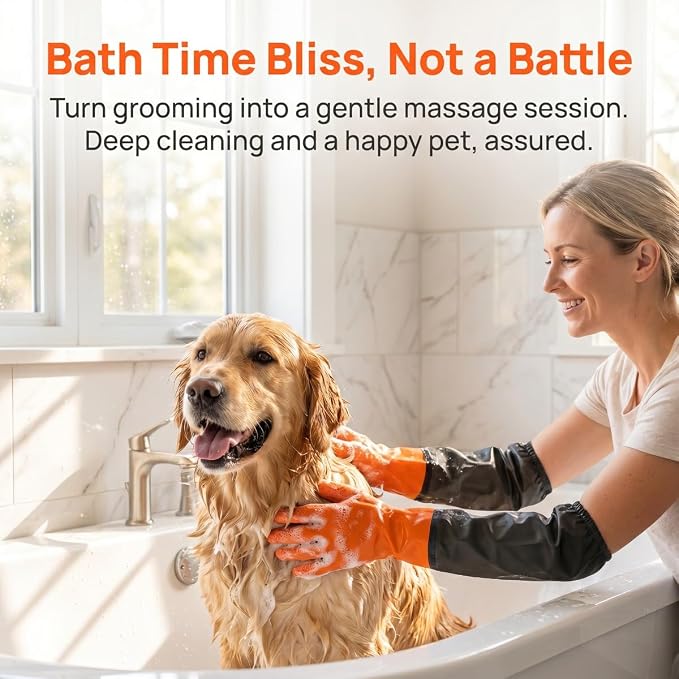 Dog Bathing Gloves, 27.6" Waterproof Extra Long Pet Washing Glove (1 Pair) | Anti-Slip Grip, Full Arm Scratch Protection for Dog Cat Grooming, Bathing & Nail Trimming