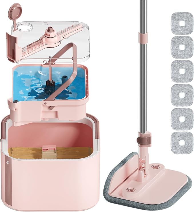 Spin Mop and Bucket System Kit, Self-Separating Cleaning Soil, Foldable Square Mop Bucket Head with Washable Interchangeable Mop Pads, Pink (Mop Set with 6PC Pads)