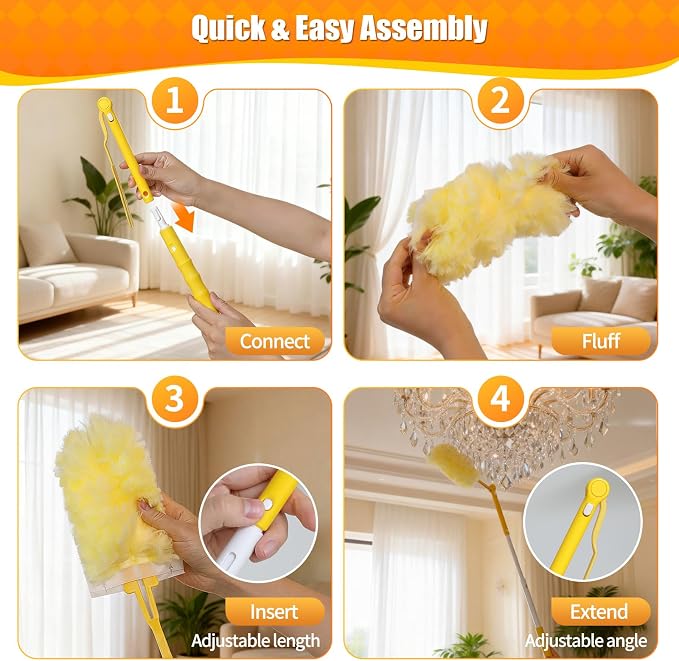 60 Count 360° Heavy Duty Duster Refills, Compatible with Swiffer Duster, Includes 1 Short Handle & 1 3 ft Extendable Handle, 4X Microfiber Cleaning Dusters, Disposable Unscented