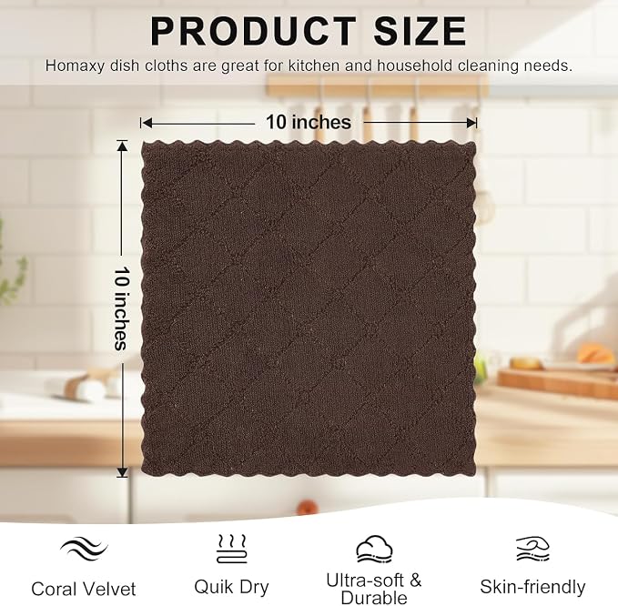 Homaxy 18 Pack Super Soft Absorbent Dish Cloths, 10" x 10", Brown | Coral Velvet, Nonstick Oil Fast Drying Microfiber Cleaning Cloth, No Lint Household Dishcloths
