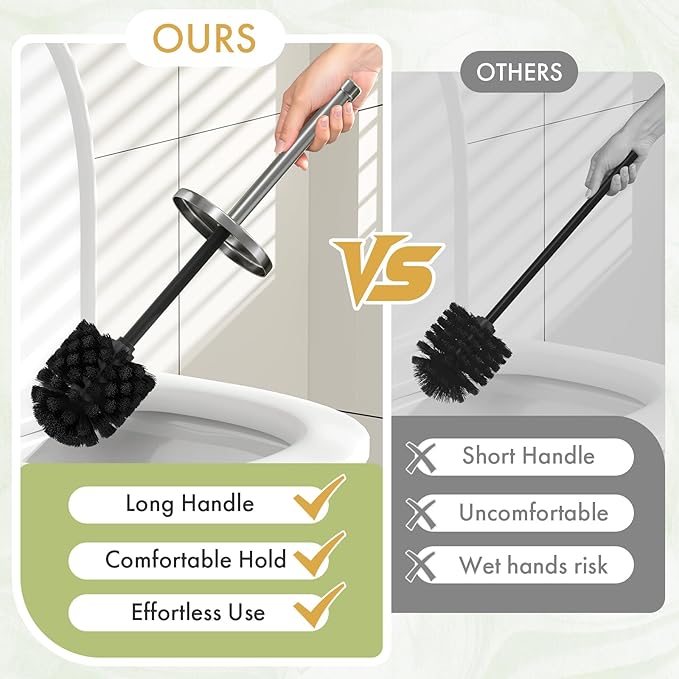 Toilet Bowl Brush and Holder Set 2 Pack with 4 Extra Brush Heads (Silver) | Extra Long Handle with Splash Guard Cover, Tool-Free Installation, Bathroom Space-Saving, Cleaner Sets for Apartments, RV