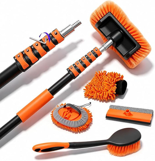 18FT Reach Car Wash Brush with Long Handle, Car Washing Kit with 4-12FT Telescoping Extension Pole, Wheel Brush, Microfiber Cleaning Mop, Mitt, Window Squeegee for Cleaning RV, Truck, Boat