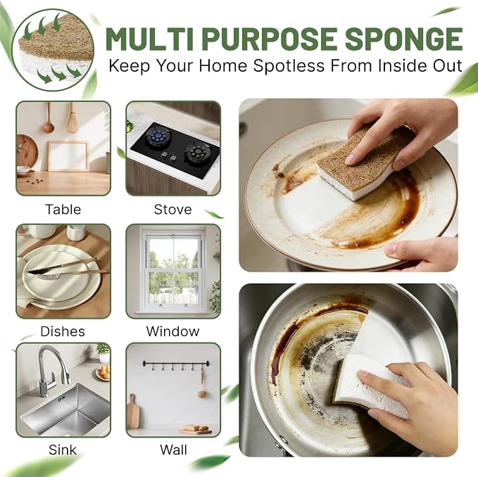 16 Pack Biodegradable Kitchen Dish Sponges, Natural Plant-Based Coconut Fiber and Compostable Cellulose Sponge, Non-Scratch Heavy Duty Sponges for Non-Stick Cookware, Kitchen Household Cleaning