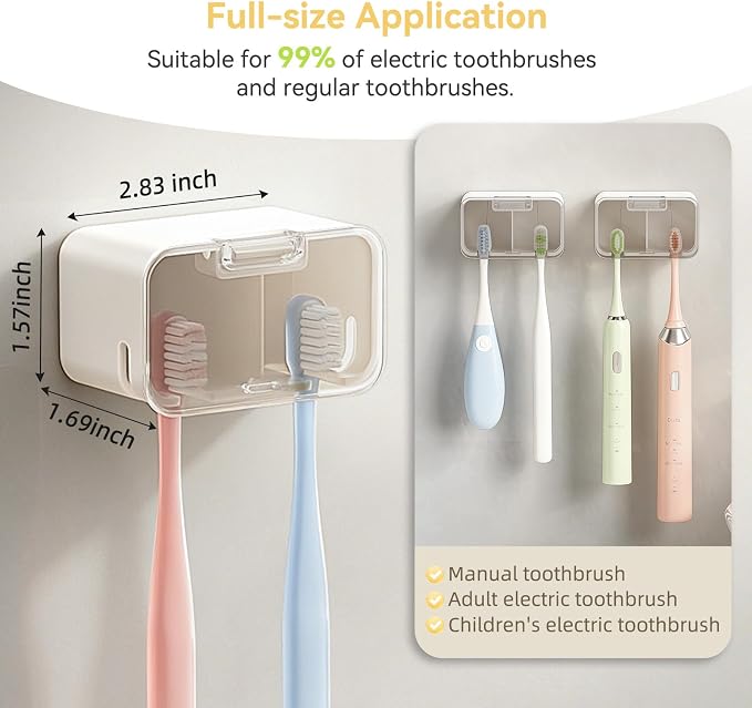 MOPMS Toothbrush Holders for Bathrooms with 2 Slot Independent Compartment | 3PCS Electric Toothbrush Holder Wall Mounted for Shower, Toothbrush Dispenser Storage Organizer with Cover for Family