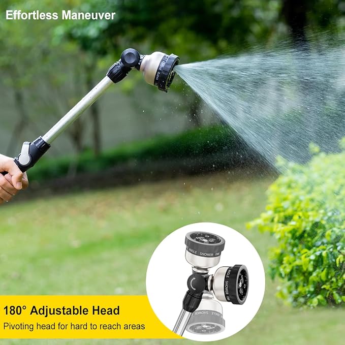 FANHAO 16-Inch Metal Watering Wand, Heavy Duty Garden Hose Wand with 9 Spray Patterns, 180° Rotating Long Hose Nozzle Sprayer Thumb Flow Control, Ideal to Water Hanging Baskets and Shrubs