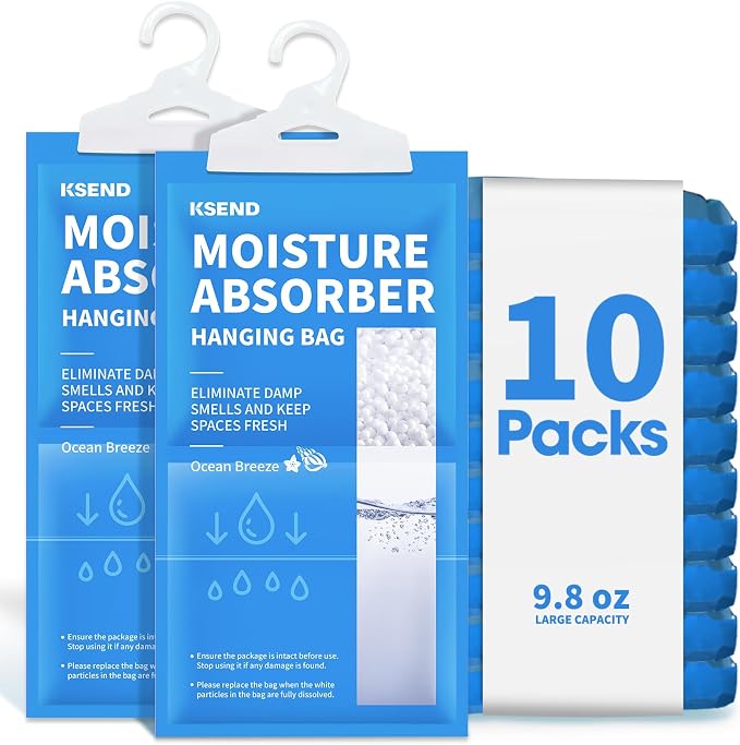 Ksend Moisture Absorber, 10 Pack Hanging, Ocean Scent | Closet, Compact Hanging Bag, Odor Eliminator, Humidity Absorber, 9.8 OZ
