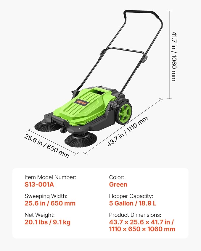 VEVOR Walk-Behind Hand Push Floor Sweeper, Manual Floor Sweeper Non-Electric with 25.6" Sweeping Width, 5 Gallons Waste Container & Adjustable Folding Handle for Yards Walkways Patios Garages - Green