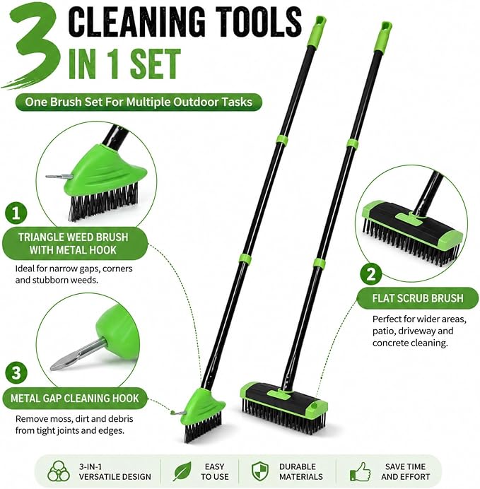 3-in-1 Weed Brush Combo Set with Long Handle, Deck Scrub Brush for Patio, Driveway & Walkway, Crack Cleaning Brush with Wire Bristles and Hook Tool for Pavers, Stone Joints Outdoor (Orange)