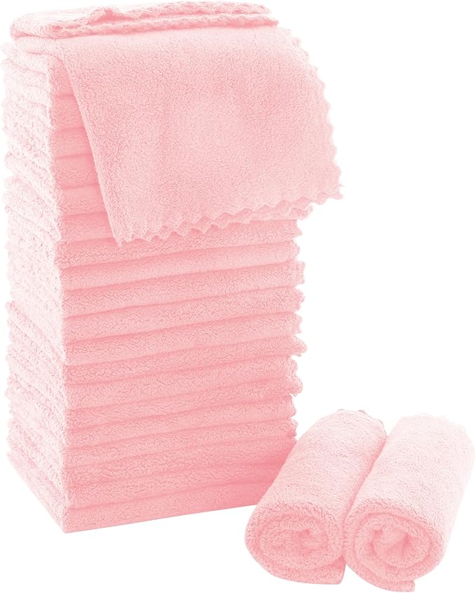 MOONQUEEN Ultra Soft Premium Washcloths Set - 12 x 12 inches - 24 Pack - Quick Drying - Highly Absorbent Coral Velvet Bathroom Wash Clothes - Use as Bath, Spa, Facial, Fingertip Towel (Pink)