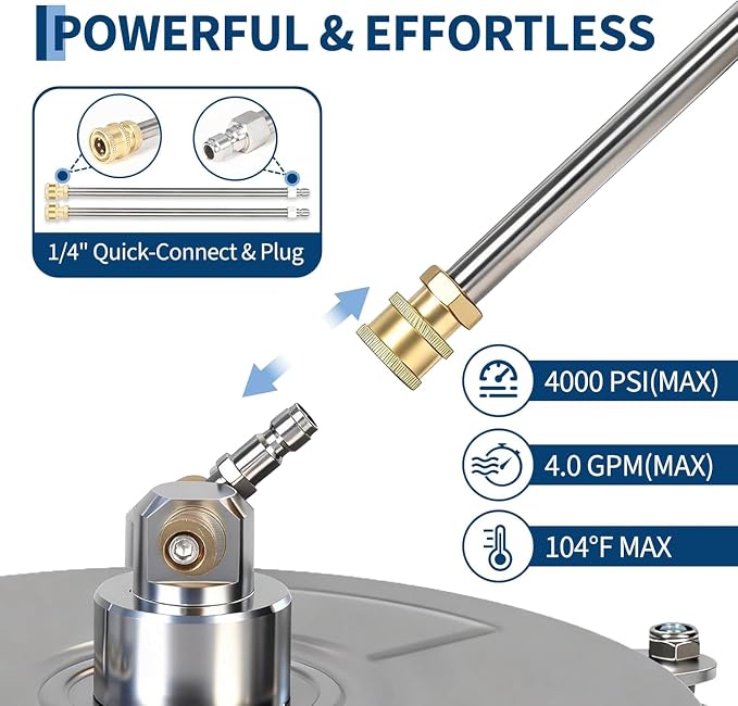 16.5" Pressure Washer Surface Cleaner, 4000 PSI Stainless Steel Power Washer Attachment with 4 Wheels and 2 Extension Wands, 1/4" Quick Connect for Cleaning Driveways, Concrete