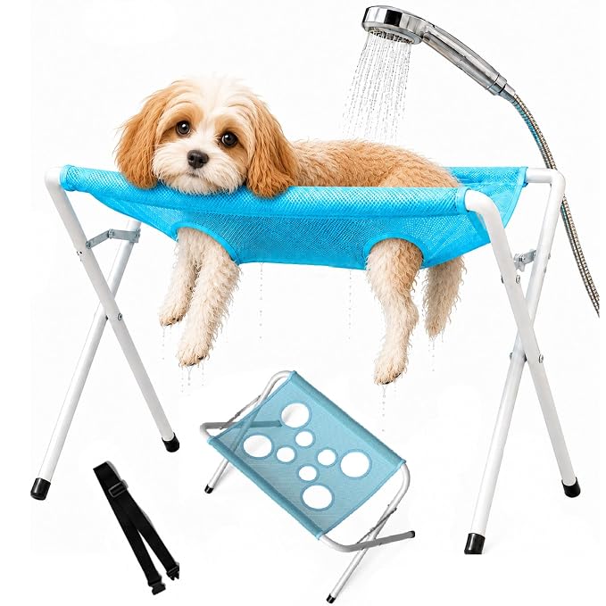 Dog Bath Hammock with Foldable Pet Bathing Stand (Blue) | For bathing, paw cleaning, nail trimming and grooming Small/Medium Dogs in showers, laundry rooms and home pet care areas