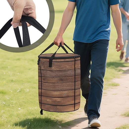 BIGCARJOB Wood Grain Collapsible Trash Can Portable Tall Trash Can Oval Recycling Bin 22.83x17.71 Outside Garbage Bin Storage Bag with Clip and Zipper Lid