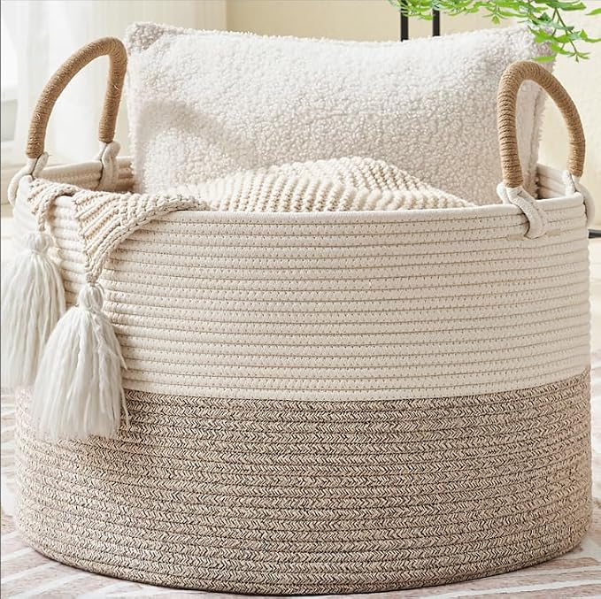 KAKAMAY Large Blanket Basket with Handles, Storage Basket for Living Room | Extra Large Capacity | Natural Cotton Rope | Blanket Storage | Woven Storage Basket | Stuffed Animal Storage | Laundry Basket