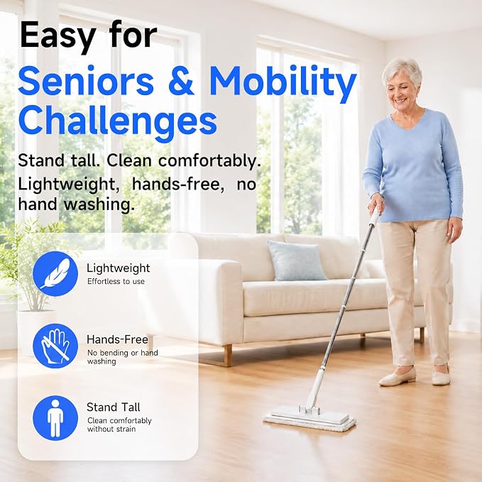 48" Mini Swifter Mop, Hands-Free Quick-Clamp Lazy Mop, Apartments Essential | with 5 Reusable Cloths, Small Head for Spot Cleanups – Easy Sweeping Floor Dust, Pet Hair, Best Household Cleaning Tools