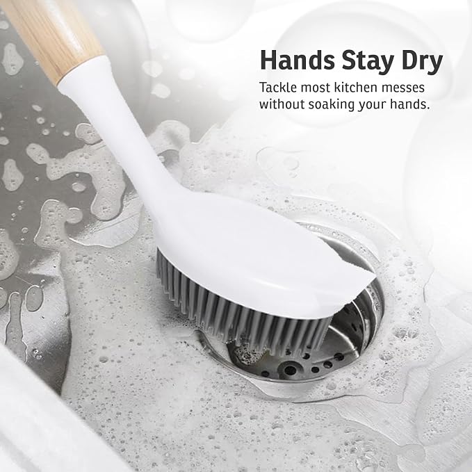 Bamboo Dish Brush with Handle – Kitchen Dish Brush with Nylon Bristles | Bamboo Dish Brush with Handle – Wooden Scrub Brush for Cast Iron, Sink, Pots & Dishes – Durable Dish Scrubber for Cleaning
