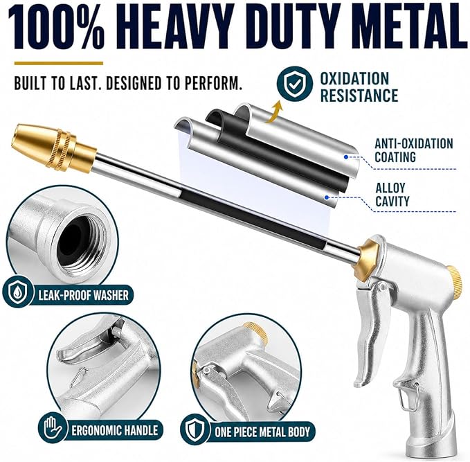 Garden Hose Nozzle, Heavy Duty High Pressure Water Spray Nozzle with 8 Spray Patterns, Leakproof Metal Hose End Sprayer for Car Wash, Watering Plants, Cleaning Patio, and Pet Shower