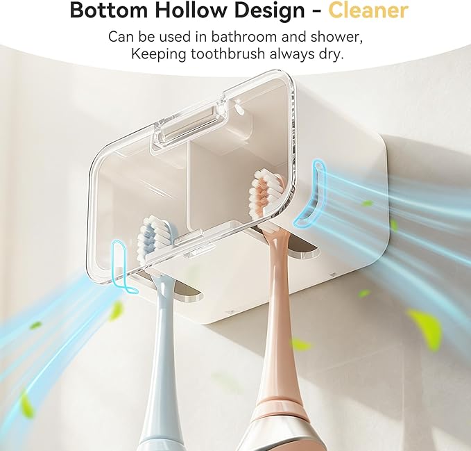 MOPMS Toothbrush Holders for Bathrooms with 2 Slot Independent Compartment | 3PCS Electric Toothbrush Holder Wall Mounted for Shower, Toothbrush Dispenser Storage Organizer with Cover for Family