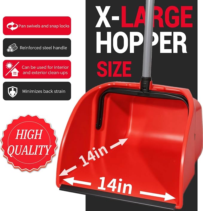 2 Pack Heavy Duty Broom and Dustpan Set,Indoor Outdoor Sweeping Kit,Red | 14"x14" Jumbo Large Capacity Dustpan & 14" Wide 54" Long Handle Broom, for Home Kitchen Yard Restaurant Garage Cleaning