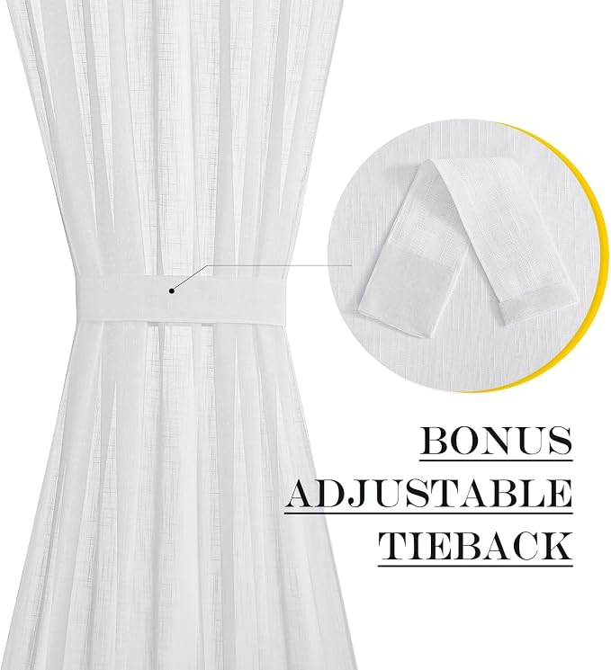 NICETOWN Sidelight Sheer Door Window Curtains for Front Back Glass | Semi Light Filtering French Door Curtain with Tieback, Half Window Kitchen Decor, 26 x 50 Inch Long, White