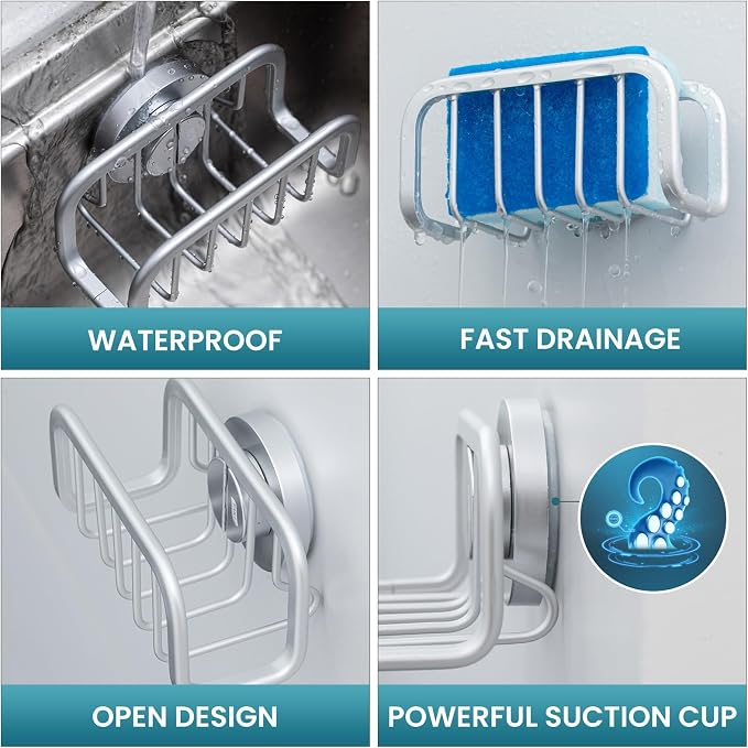 TAILI Rustproof Sponge Holder for Kitchen Sink with Suction Cup-Silver | Rustproof Aluminum Sink Caddy for Sponges, Brushes, Stoppers & Scrapers,Removable Ventilated Quick-dry Design, Holds Up 11lbs