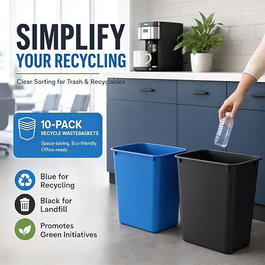 10 Pack, Recycle Wastebasket, 28 Qt. / 7 Gallon Rectangular Wastebasket / Trash Can Kit - Space Saving Recycling Bin, Narrow Spaces in Commercial, Kitchen, Home, Office, and Dorm - Black and Blue
