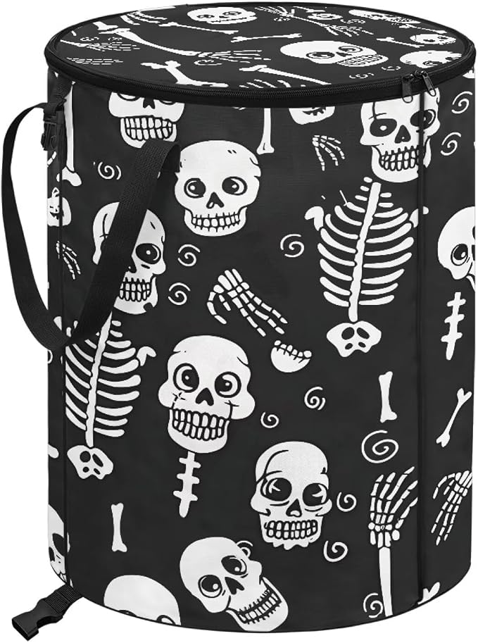 Collapsible Trash Can with Lid and Handles 24 Gallon Large Capacity Foldable Garbage Can for Camping Outdoor Reusable Waster Bag Black Skull Print