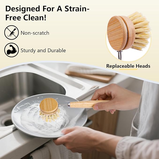BOMUMVITA 5 Pack Bamboo Dish Brush Set with 14’’ Bottle Brush | Wooden Dish Brush with Natural Sisal & Palm Fiber, Natural Kitchen Scrub Brush for Dishes Pots, Pans, Sinks, Woks, Vegetables