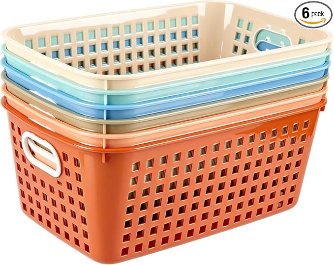 6 Pack Plastic Classroom Storage Baskets, Organizer Bins with Handle | Vintage Color 11" × 7.1" × 4.6" Medium Papers Book Storage Organizer for School Classroom Library Office Home Desktop Closets