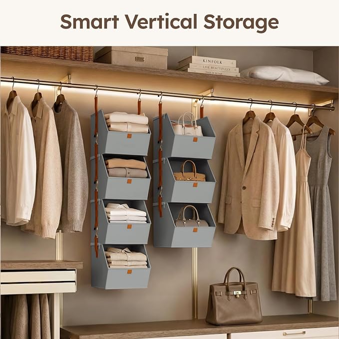 Hanging Closet Organizer 4 Tier - Clothes Hanging Shelves, Space-Saving Closet System, Fabric Storage Bins Bedroom Organization, Collapsible Baskets for Home, Dorm, Rv, Grey