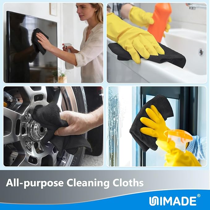 Microfiber Cleaning Cloth, 100 Sheets Microfiber Towels for Cars | Commercial Grade Washcloths Lint-Free Bulk Shop Towel Cleaning Rags for Mechanic Garage Housekeeping, 11"x 9", Black
