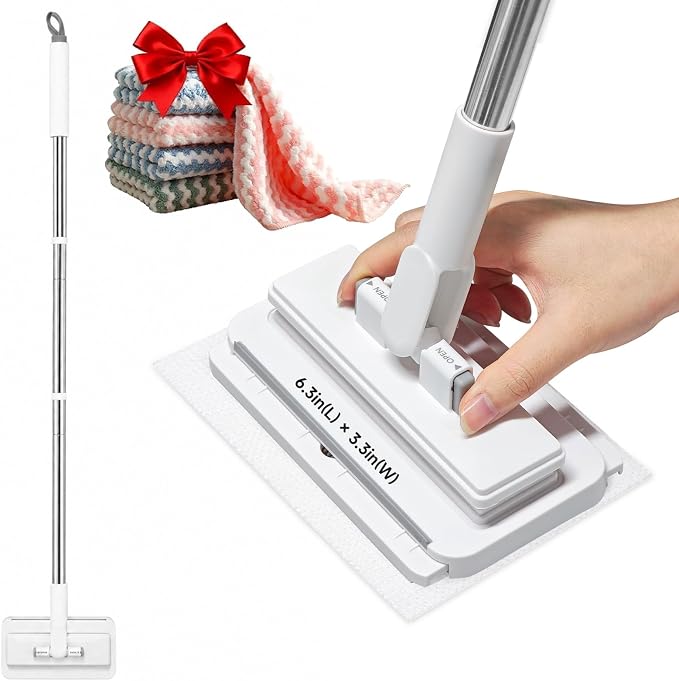 Mini Bathroom Spot Cleaning Mop, Lightweight Small Dust Mop | No-Touch Snap On Grip, Great for Tight Gaps, Fits Paper Towels, Face Cloths & Rags, Glide & Wipe Dirt, Water Stains, 5 Pads