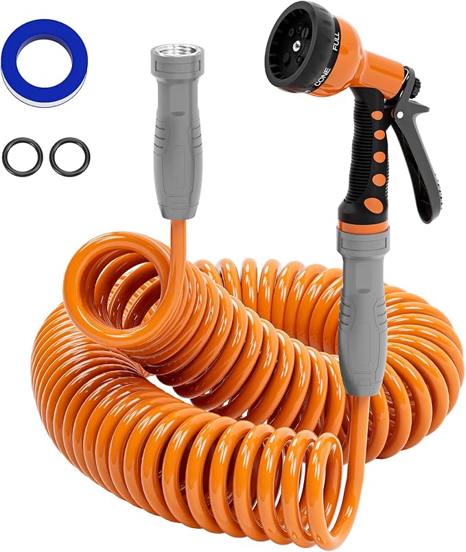 SPECILITE 3/8" Lightweight Coil Garden Hose 75 FT, EVA Flexible Water Hose | Curly Pipe with 6-Pattern Spray Nozzle for Outdoor, Boat, Greenhouse, Yard, Patio, Orange