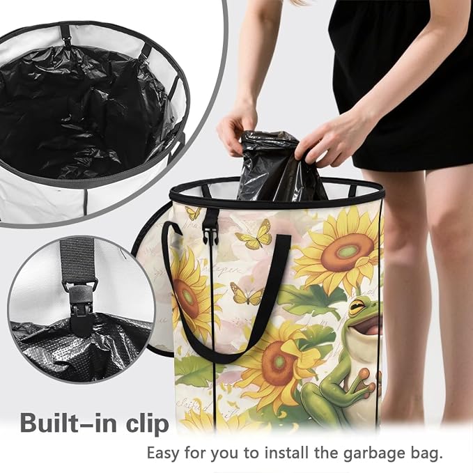 Sunflower Frog 24 Gallon Collapsible Garbage Can for Camping Car Waterproof Outdoor Trash Bin with Lid Foldable Portable Pop-Up Yard Waste Leaf Bag for Campsites Garden
