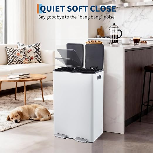 Garvee 16 Gal Dual Compartments Kitchen Trash Can, Stainless Steel, White | 2 x 30L Double Trash and Recycle Bin Combo, Removable Inner Bucket, Soft Close Lids, Metal Step Pedals, for Home Office