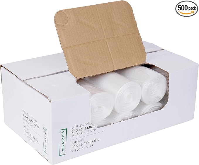 TYPLASTICS 33 Gallon Clear Trash Can Liners - 33" x 40" | High Density Garbage Bags - Case of 500 - Multipurpose for Office, Outdoor, Recycling, Industrial and Commercial