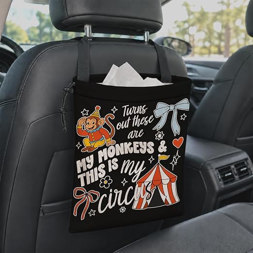 Coquette Bow Funny Car Garbage Bag Canvas Trash Can | Turns Out These Are My Monkeys Drawstring Car Trash Bag Hanging for Back Seat with Adjustable Buckle