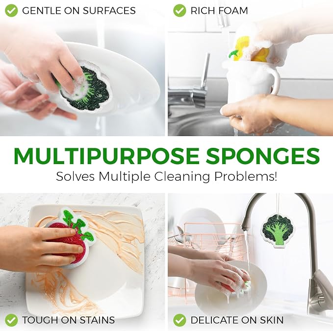 AIRNEX Biodegradable Cellulose Compressed Sponges Bulk - Vegetable Shaped Kitchen Pack of 8 - Eco Friendly, Odor Free, Natural, Pop Up Compostable Scrubbers for Washing Dishes