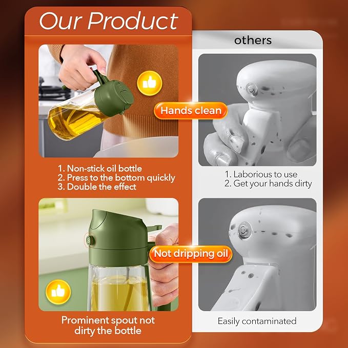 YARRAMATE 16 oz 2-in-1 Glass Olive Oil Sprayer for Cooking, BlackOliveGreen | Food-grade dispenser bottle, 470 ml, spray and pour, portion control, stickers included, for salad, frying and BBQ
