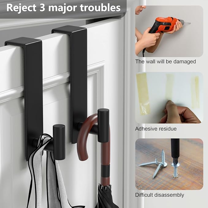 PMMASTO 7.5 Inch Over The Door Hooks, Black- 2 Pack, T Shape | Stainless Steel Door Hooks Organize Coats Towels Robes in Bathrooms Bedrooms Closets