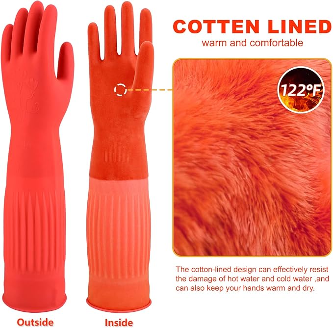 North Tower Rubber Gloves Kitchen Cleaning For Washing Dishing Kithchen, warmming Heat Resistant Dishwashing Gloves,18",2 Pairs Small