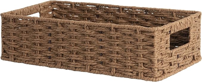 StorageWorks Toilet Tank Tray, Brown Round Paper Rope Bathroom Baskets for Organizing, Toilet Tank Basket, Toilets Organizer with Built-in Handles, 14 ¼"L x 6 ¾"W x 3 ¾"H, 1 Pack | Paper Rope Toilet Tank Tray for Tank Topper, Small Wicker Toilets Paper...