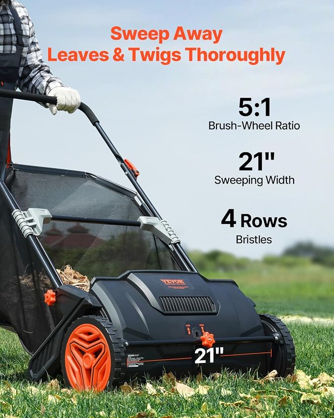 VEVOR Push Lawn Sweeper 21" Leaf & Grass Collector 3.5 cu. ft. Hopper Bag | Adjustable Brush Height & 2 Spinning Brushes, Manual Yard Sweeper for Leaves, Grass Clippings and Lawn Debris
