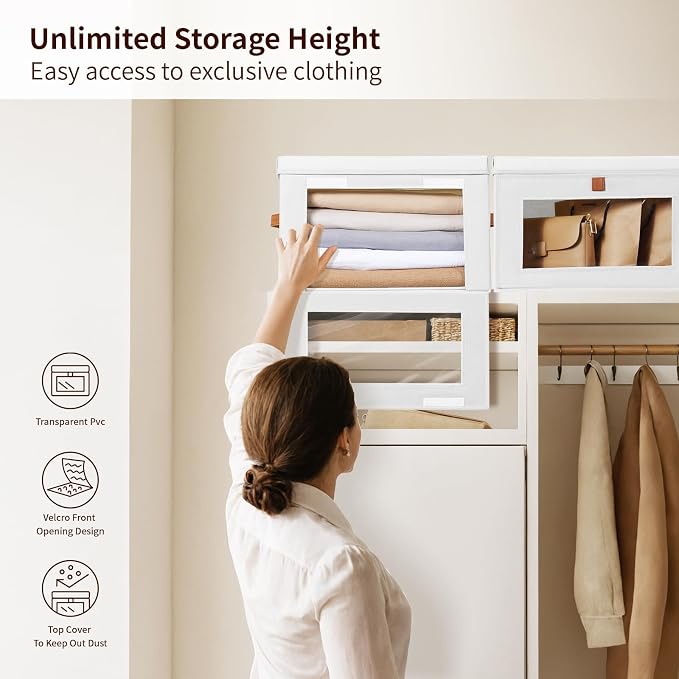 Homsorout Large Clothing Storage Bins - Collapsible Boxes with Handles & Window, Decorative Organizer Bins with Lids, Fabric Containers for Living Room, Dorm, 4 Pack, White