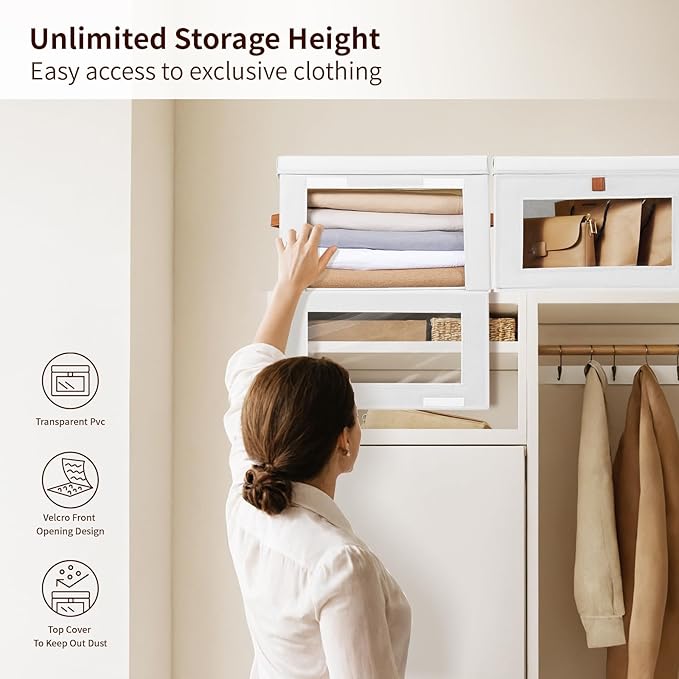 Homsorout Large Closet Storage Bins - Collapsible Clothes Organizer with Handles & Window, Decorative Boxes with Lids, Linen Closet Organizers for Living Room, Dorm, 5 Pack, White