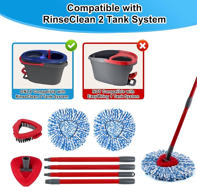 Spin Mop Handle Replacement for Ocedar, Mop Heads Replacements Compatible with RinseClean 2 Tank System,Include 2 Microfiber Mop Replace Heads,4 Section 30-58" Iron Mop Handle,1 Base and 1 Scrub Brush