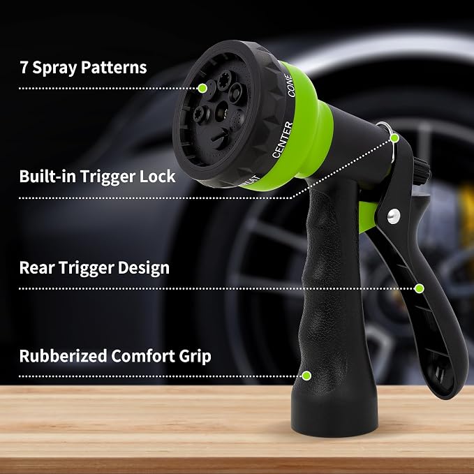 NEXCOVER Garden Hose Nozzle Sprayer - 7 Adjustable Watering Patterns Nozzle for Water Hose, Non-Slip Garden Spray Nozzle for Car Washing, Watering Plants, Pets Showering, Lawns Cleaning, Green