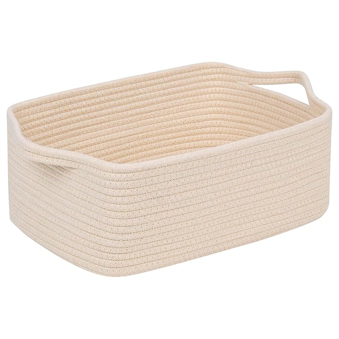 CubesLand Cute and Durable Small Cotton Rope Basket for Organizing | Woven Closet Storage Bin,Shelves Closet Storage Basket, Bathroom Storage Organizer Bin, Nursery Toy Basket Bin, Beige Basket